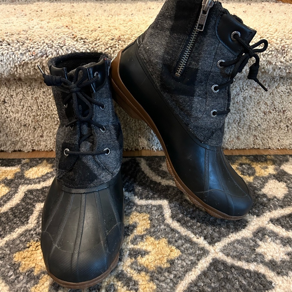 Sperry Black and Gray Plaid Duck Boots